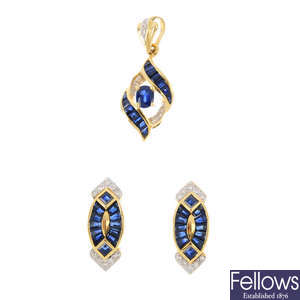 A pair of sapphire and diamond earrings and a pendant.