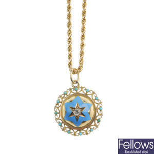 A late Victorian gold diamond, enamel and turquoise set pendant with later chain.