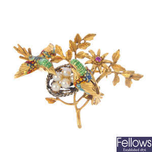An 18ct gold, seed pearl and enamel brooch.