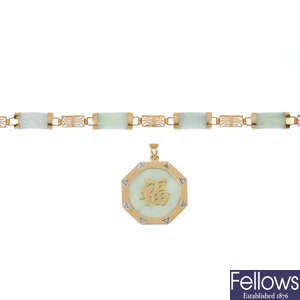 A jade pendant, bracelet and earrings.