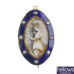 A late Georgian diamond and blue enamel painted miniature mourning brooch. 