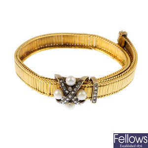 A late 19th century gold, diamond and pearl bracelet.