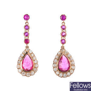 A pair of red paste, ruby and diamond earrings.