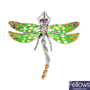 A ruby and plique-a-jour enamel dragonfly brooch.