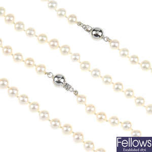 Four cultured pearl necklaces.