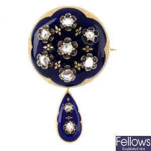 A late Victorian diamond and enamel brooch.