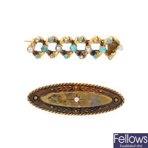 A late Victorian 15ct gold diamond brooch and a composite jewellery brooch.