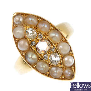 A late Victorian 18ct gold diamond and split pearl cluster ring.