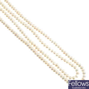 Nine freshwater cultured pearl double-row necklaces.