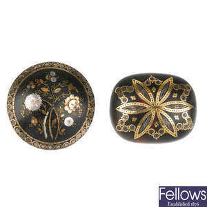 Two late Victorian tortoiseshell pique brooches.