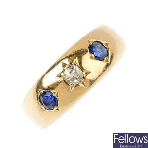 A late Victorian sapphire and diamond three-stone ring.