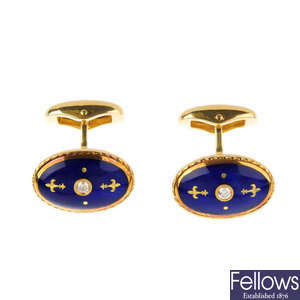 FABERGE - a pair of 18ct gold enamel and diamond cufflinks.