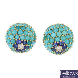 KUTCHINSKY - pair of 1960s 18ct gold diamond and gem-set earrings.