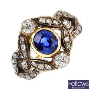 A mid 19th century gold sapphire and diamond ring.