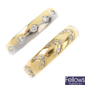 Two 18ct gold diamond band rings.