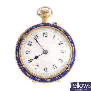 An early 20th century 18ct gold enamel fob watch.