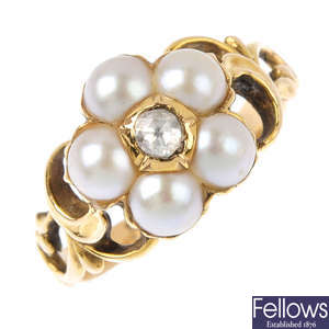 A late Georgian 15ct gold, diamond and split pearl floral cluster ring.