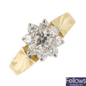 A 1970s 18ct gold diamond cluster ring.