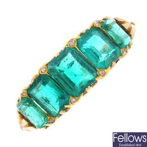 A late Victorian 18ct gold Colombian emerald and diamond ring.