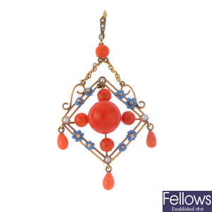 A late Victorian 15ct gold coral, split pearl and enamel pendant.