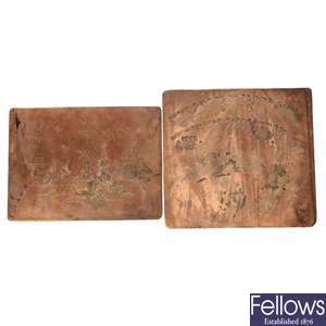A collection of five engraved copper plates featuring ceramic transfer designs.