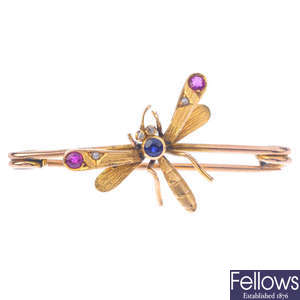 An early 20th century sapphire, ruby and pearl dragonfly brooch.