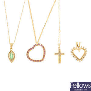 Four diamond and gem-set pendants, with three chains.