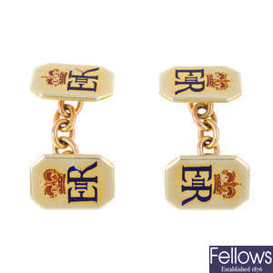 A pair of 9ct gold enamel cufflinks.