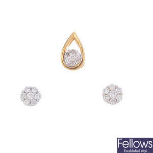 A pair of 18ct gold diamond earrings and a pendant.