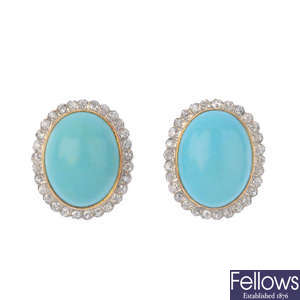 A pair of diamond and turquoise cluster earrings.