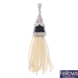 A seed pearl, diamond and onyx tassel pendant.