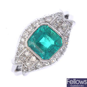 A Colombian emerald and diamond dress ring.