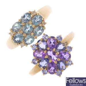 Four 9ct gold diamond and gem-set dress rings.