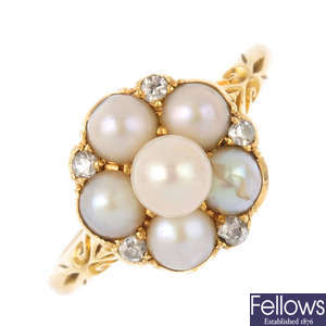 A late Victorian 18ct gold split pearl and diamond cluster ring.