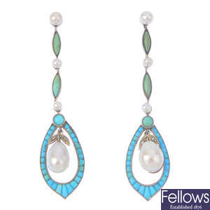 A pair of turquoise, diamond and pearl earrings.