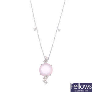 A diamond and rose quartz pendant and chain..