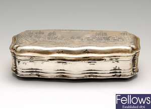 A turn of the century Dutch silver table tobacco box commemorating the Battle of Dogger Bank, 1781.
