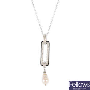 A cultured pearl, diamond and enamel pendant, with chain.