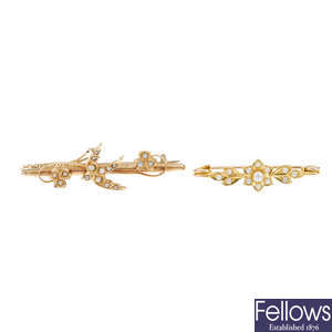  Two Edwardian gold bar brooches.