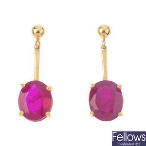 A pair of synthetic ruby earrings.