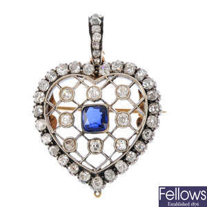 A late Victorian silver and gold, sapphire and diamond pendant.