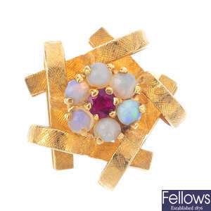 A 1970s 18ct gold opal and ruby dress ring.