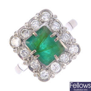 A mid 20th century 18ct gold and platinum, emerald and diamond ring.