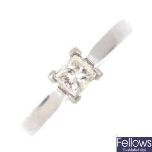 A platinum diamond single-stone ring.