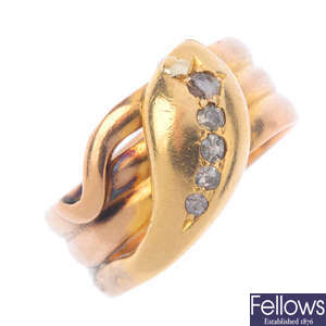 An early 20th century 18ct gold diamond snake ring.
