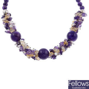 A selection of mainly amethyst and cultured pearl jewellery.