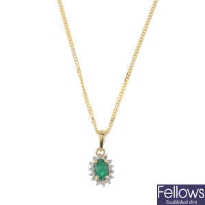 An emerald and diamond pendant, with 9ct gold chain.