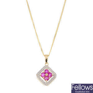A 9ct gold ruby and diamond pendant, with chain.