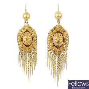 A pair of late Victorian gold earrings, circa 1880.
