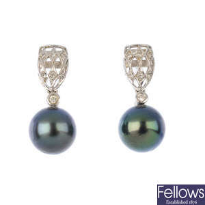 A pair of 18ct gold diamond and cultured pearl earrings.